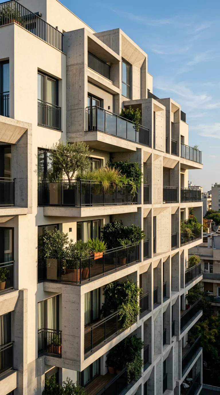 Illustrative residential building facade with balconies